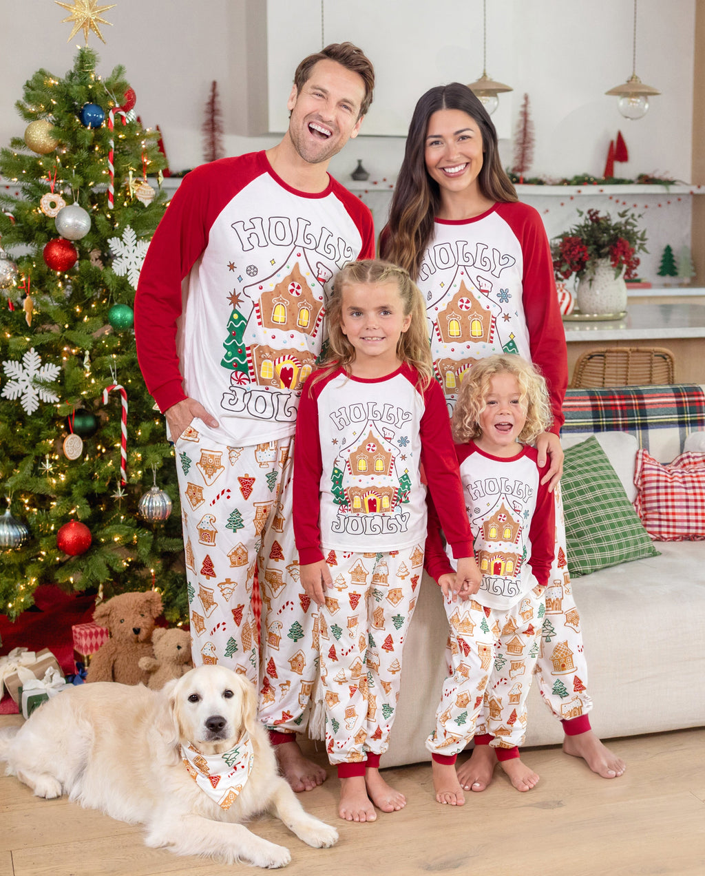 PatPat Matching Family Christmas Pajamas Gingerbread House & Christmas Tree Print Red