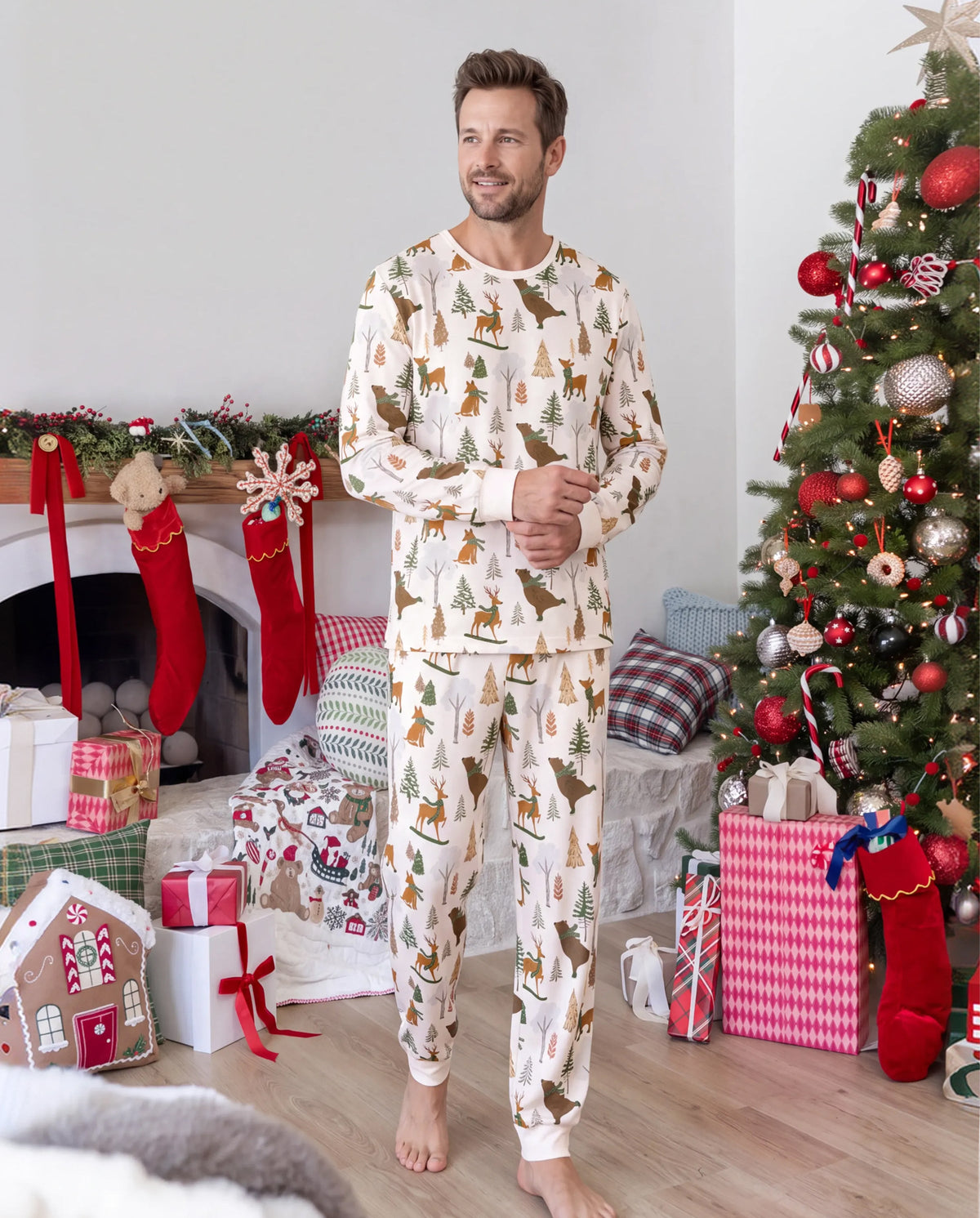 PatPat Matching Family Christmas Pajamas Woodland Print Beige