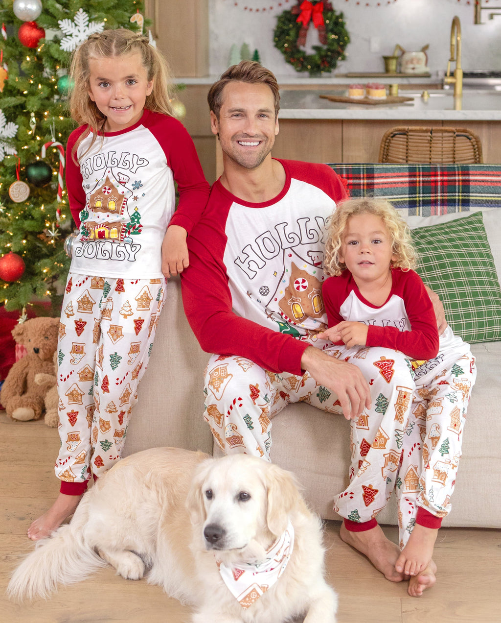 PatPat Matching Family Christmas Pajamas Gingerbread House & Christmas Tree Print Red