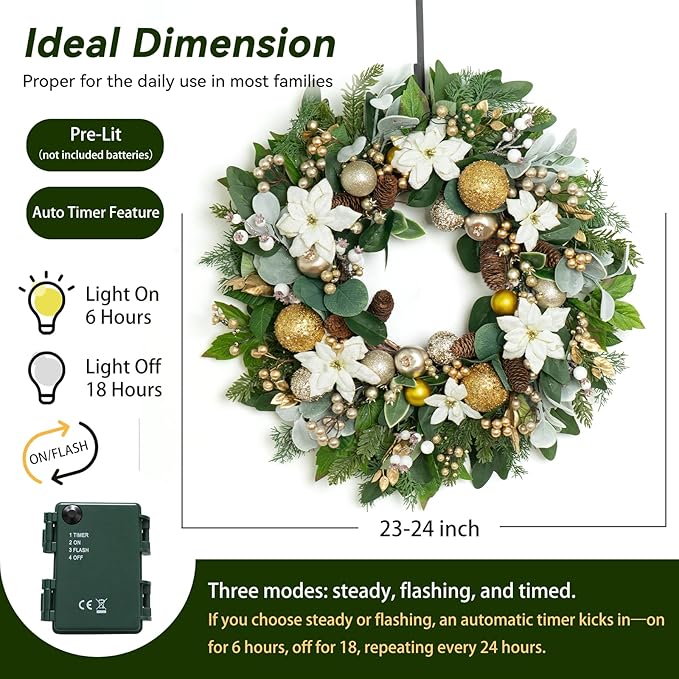Christmas Wreaths for Front Door with Lights 24 Inch Prelit Christmas Wreath, Christmas Door Wreath with White Flowers, Gold Ornaments, Pine Cones, Greenery & Berries Indoor Outdoor