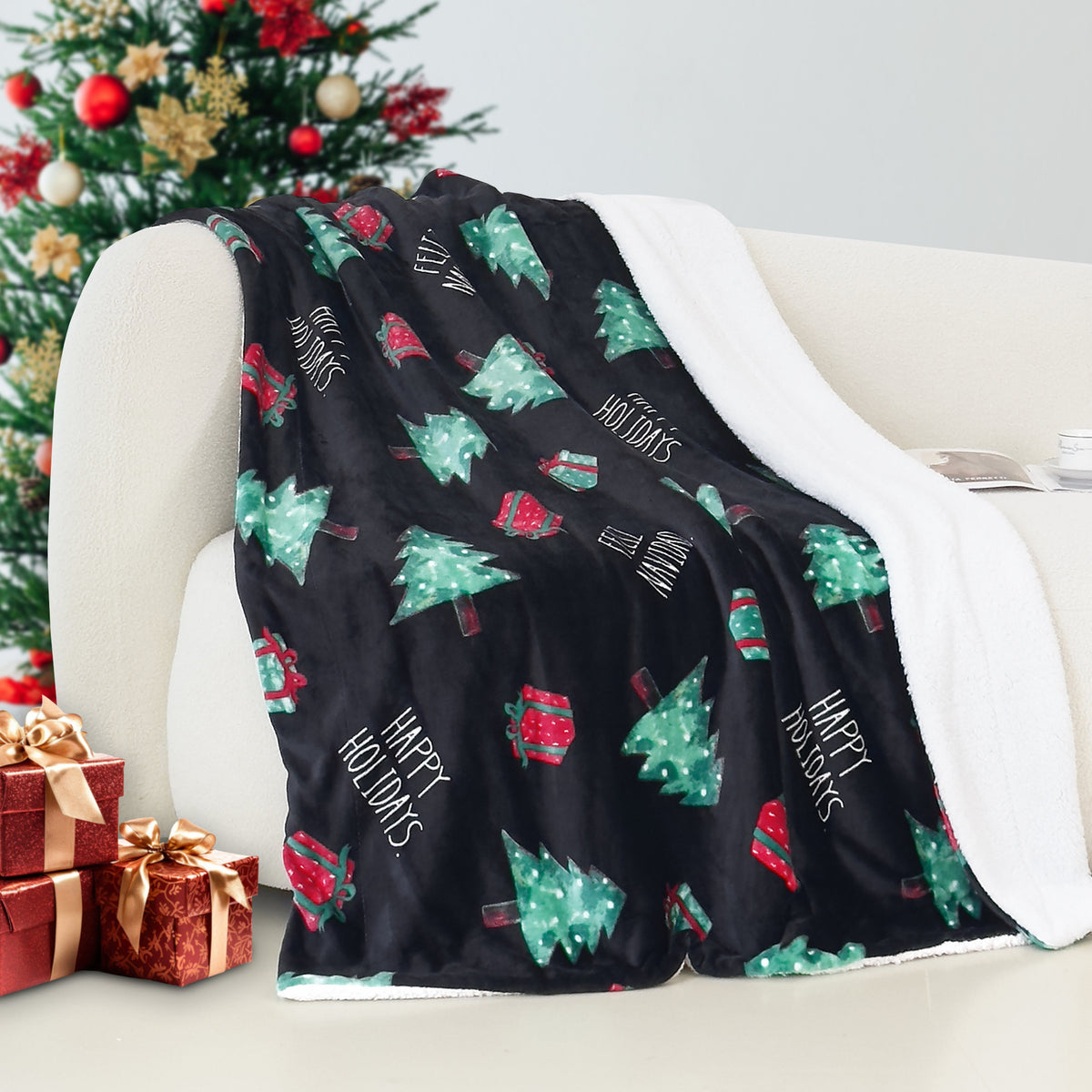 Mocassi Christmas Sherpa Throw with Flannel Fleece - 50 x 60 inches