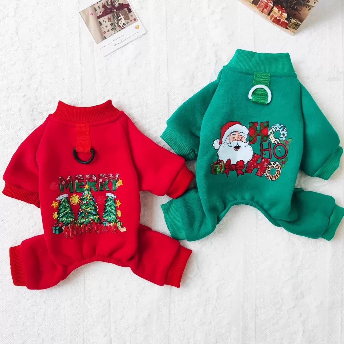 Christmas Printed Fleece Dog Harness Jumpsuits
