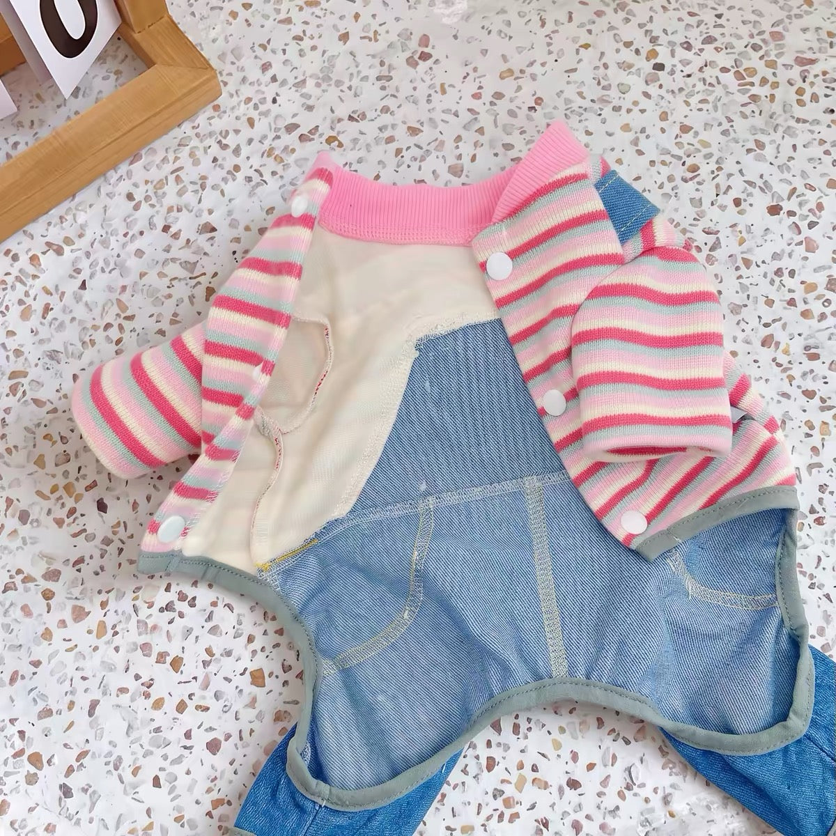 Fleece Sweet Heart Striped Denim Dog Jumpsuits