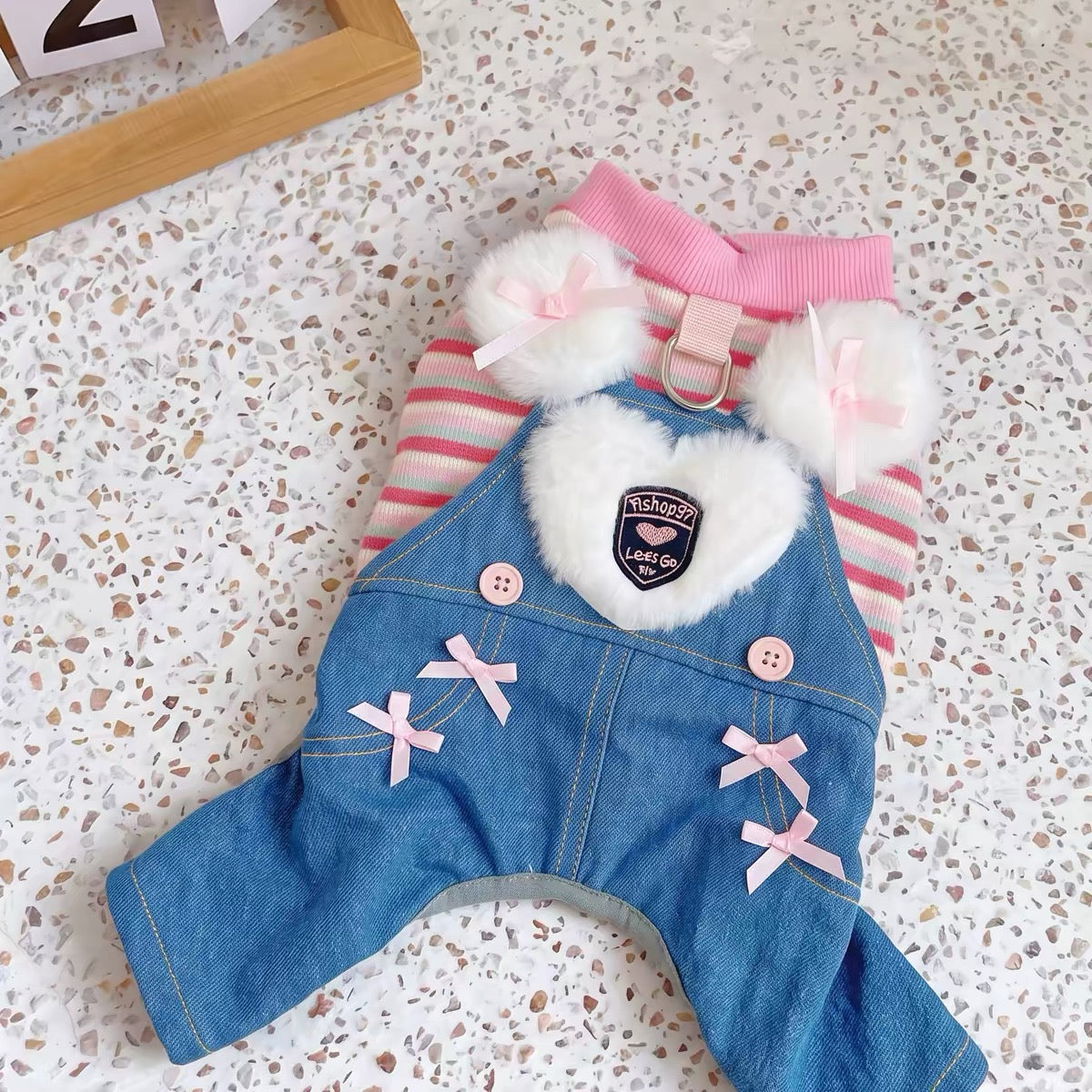 Fleece Sweet Heart Striped Denim Dog Jumpsuits
