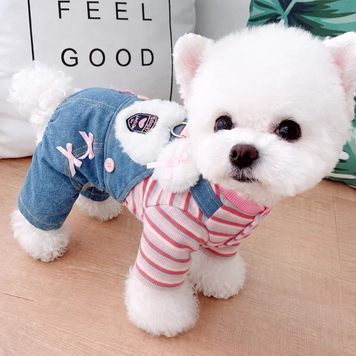 Fleece Sweet Heart Striped Denim Dog Jumpsuits