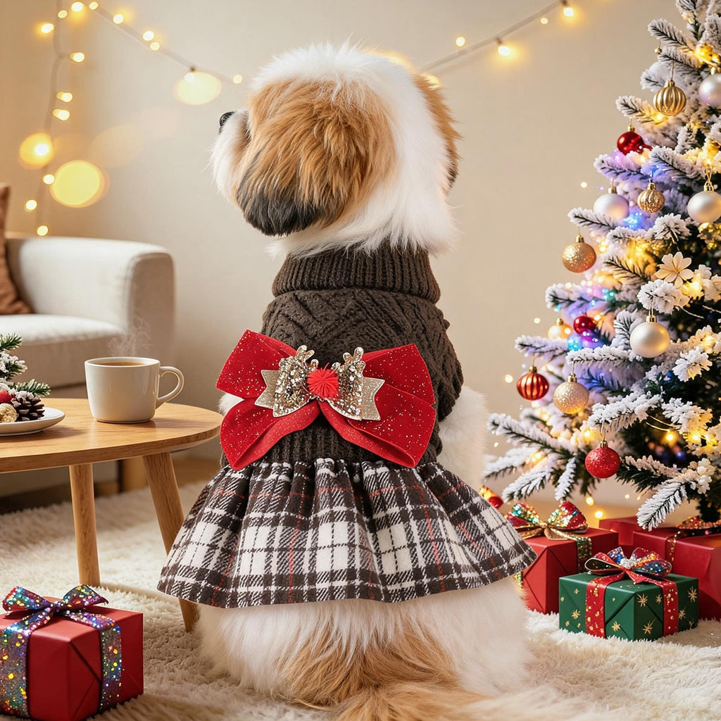 Christmas Bow Decor Dog Cat Knitted Dress
