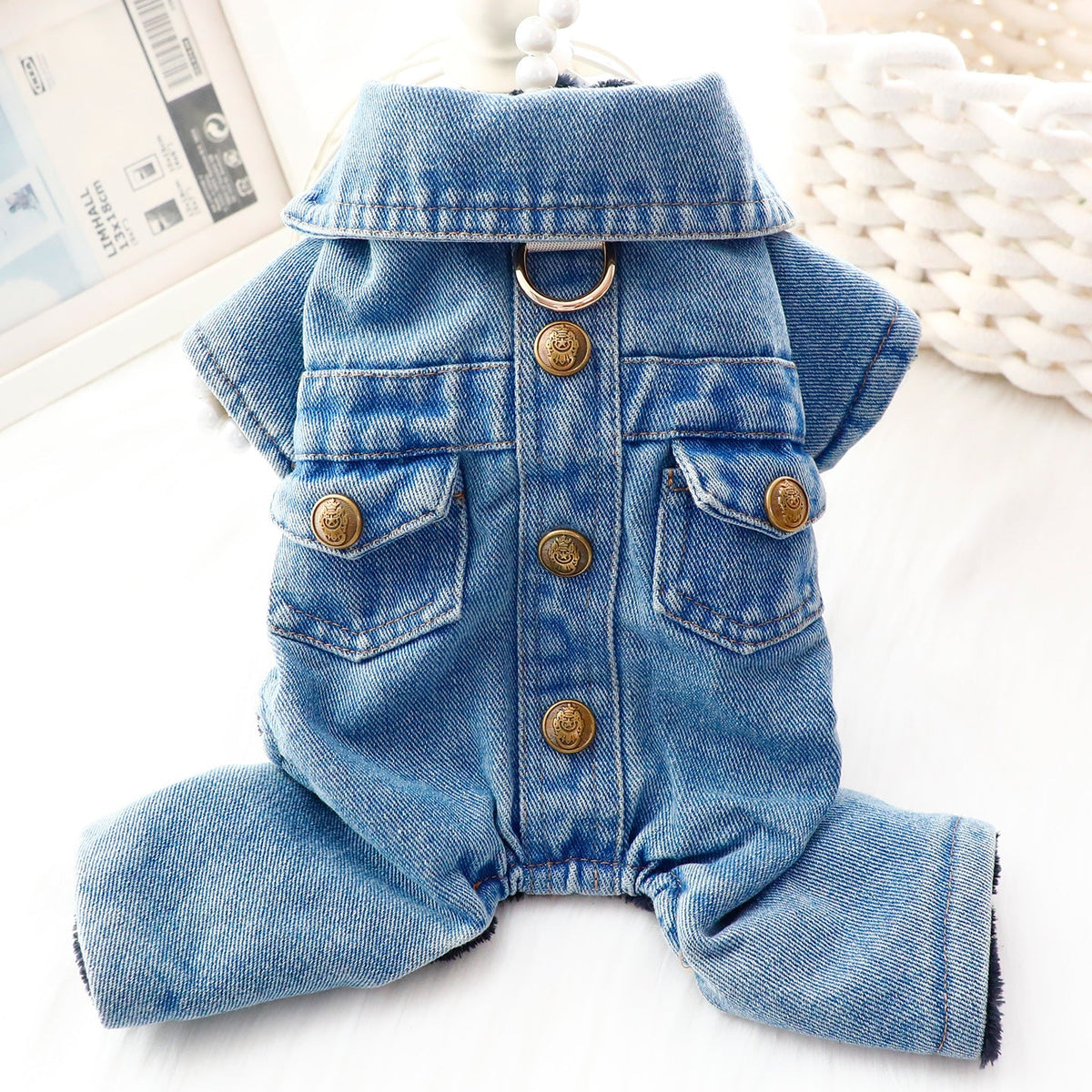 Denim Buttoned Fleece Dog Jacket Jumpsuits