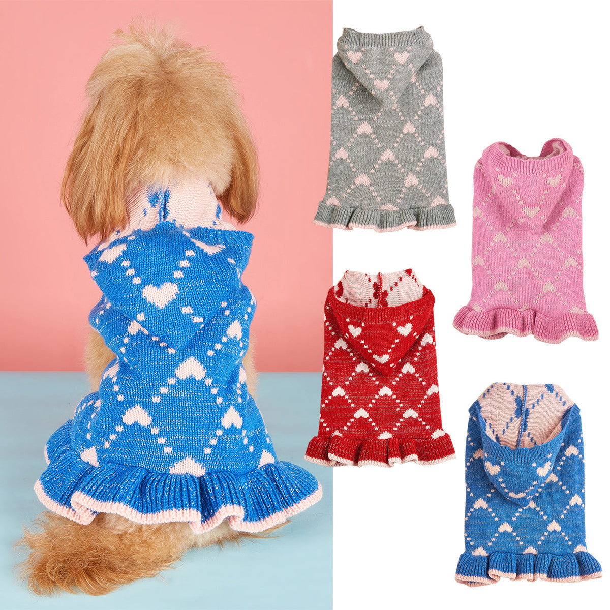 Heart Pattern Dog Cat Hooded Sweater Dress