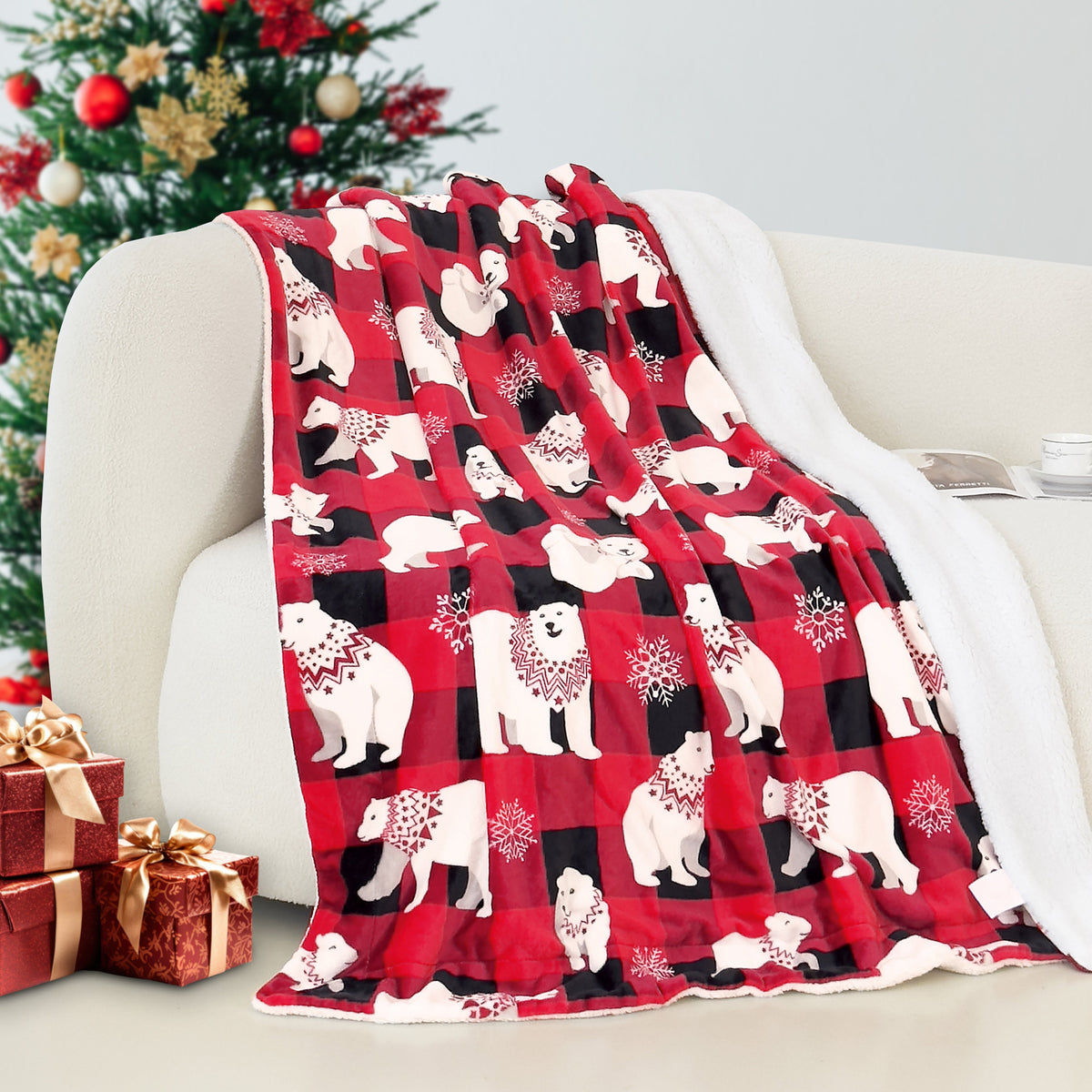 Mocassi Christmas Sherpa Throw with Flannel Fleece - 50 x 60 inches