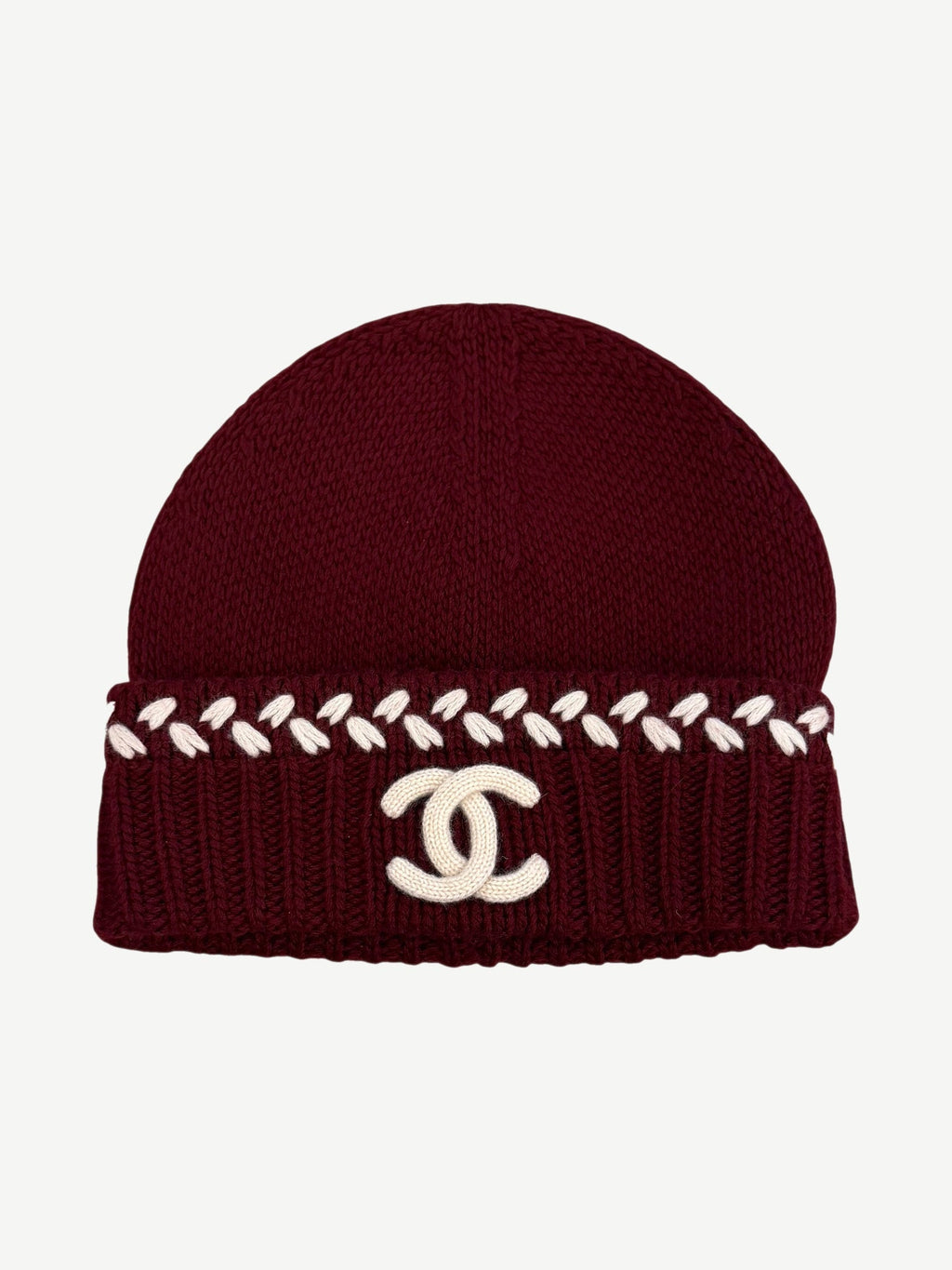Chanel Maroon CC Embroidered Cashmere Beanie